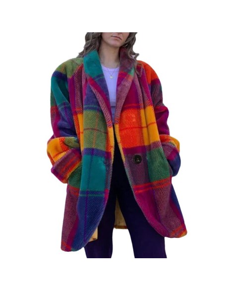 2024 Women's Long sleeved Polo Collar Colored Coat Printed Woolen Long Coat