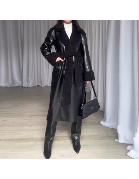 2024 new fashion retro fur stitching knee-length temperament coat woman