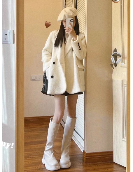 Fashionable and sophisticated suit jacket for women's autumn/winter 2023 mid length white woolen coat