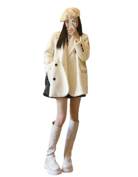 Fashionable and sophisticated suit jacket for women's autumn/winter 2023 mid length white woolen coat