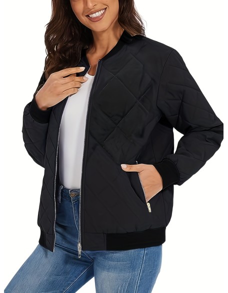 Jacket fashion solid color round neck long sleeve zipper casual commuter jacket women