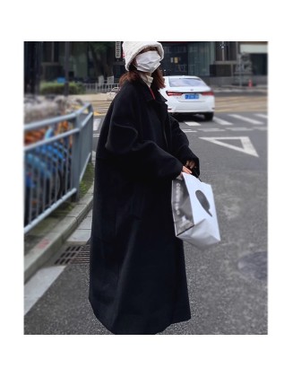 Black woolen coat jacket 2023 autumn/winter new Korean version loose knee length thickened girl's woolen coat jacket