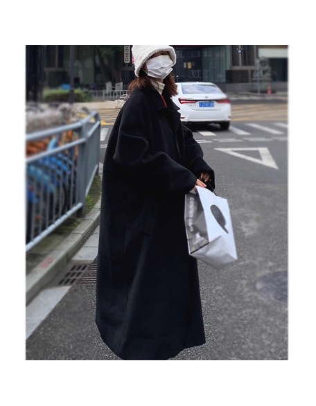 Black woolen coat jacket 2023 autumn/winter new Korean version loose knee length thickened girl's woolen coat jacket