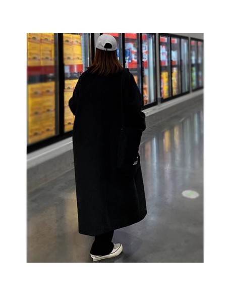 Black woolen coat jacket 2023 autumn/winter new Korean version loose knee length thickened girl's woolen coat jacket