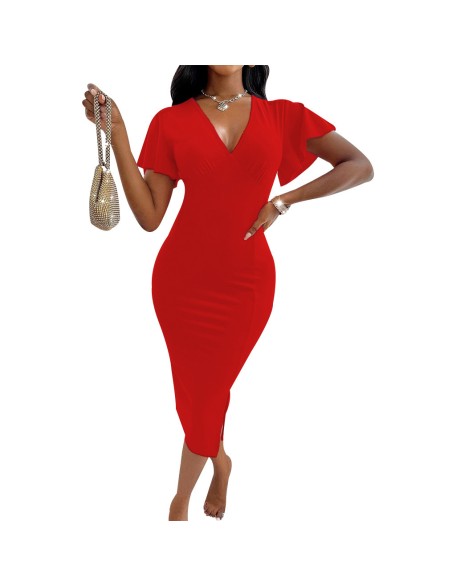 Sexy V-neck solid color slim split hip dress