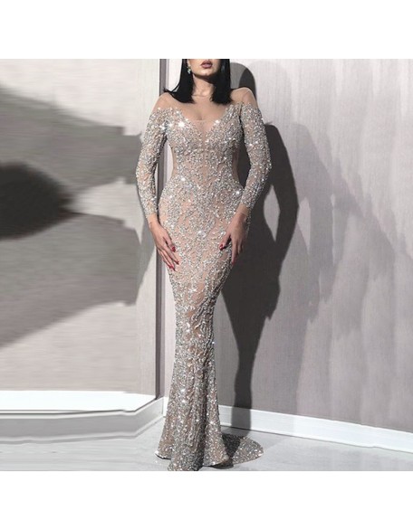 2024 Spring New Women's Hot Gold Long Sleeve Slim Sexy Long Dresses Banquet Evening Gowns