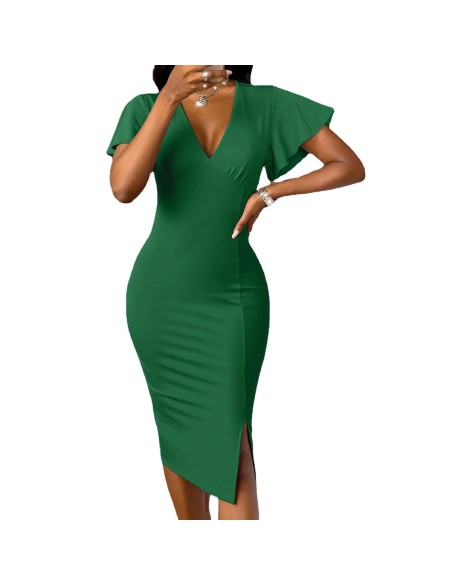 Sexy V-neck solid color slim split hip dress