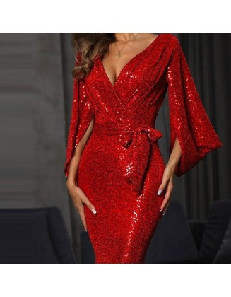 Spring/summer 2024 new dress sexy split color sequins long mop evening dress