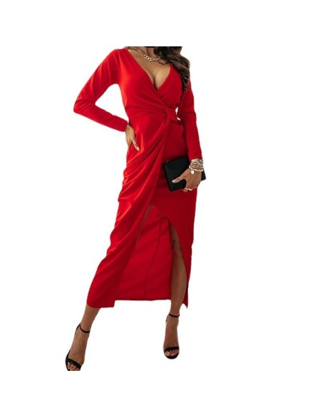 Sexy V-neck solid color long sleeve slit dress