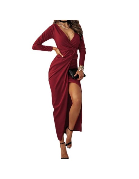 Sexy V-neck solid color long sleeve slit dress