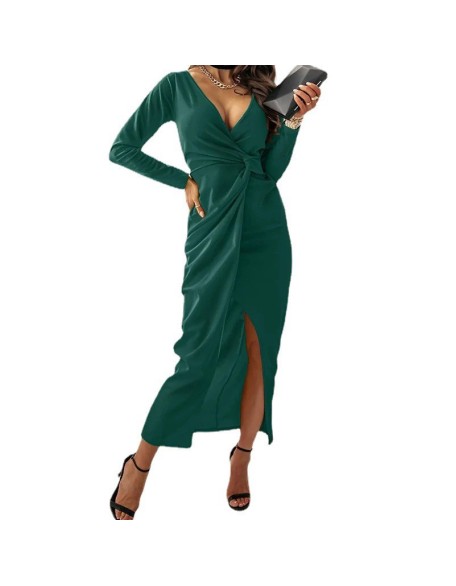 Sexy V-neck solid color long sleeve slit dress