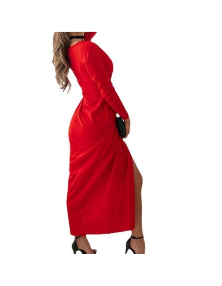 Sexy V-neck solid color long sleeve slit dress