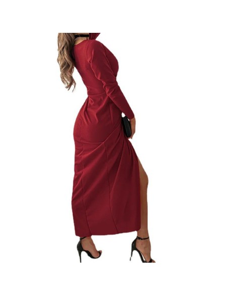 Sexy V-neck solid color long sleeve slit dress