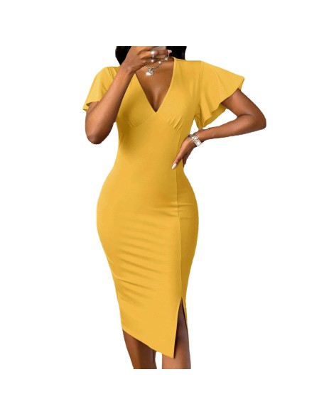 Sexy V-neck solid color slim split hip dress