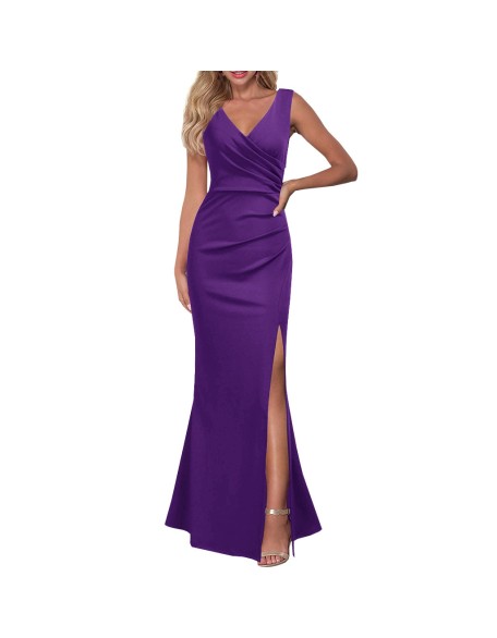 Sexy V-neck fashion solid color slim slit dress