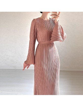 Fall New Fashion Round Neck Flared Sleeve Threaded Long Sleeve Package Hip Dress Long Dress