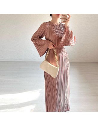 Fall New Fashion Round Neck Flared Sleeve Threaded Long Sleeve Package Hip Dress Long Dress