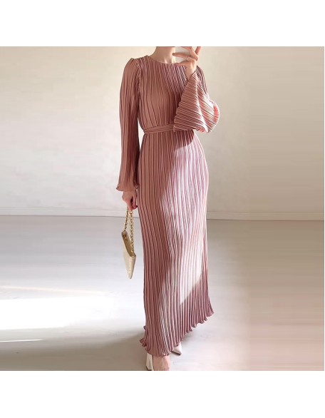 Fall New Fashion Round Neck Flared Sleeve Threaded Long Sleeve Package Hip Dress Long Dress