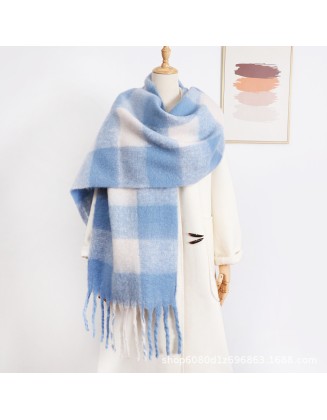 Imitation cashmere scarf women's new plaid student tassel shawl double-sided matching color collar