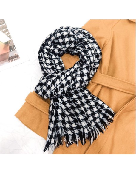 Scarf warm checkered bib scarf with tassel scarf women's advanced sense