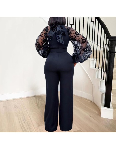 Standing collar mesh lantern sleeves slim fit women's oversized African wide leg jumpsuit