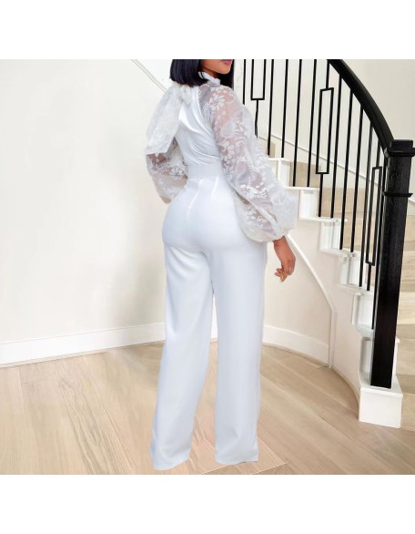 Standing collar mesh lantern sleeves slim fit women's oversized African wide leg jumpsuit