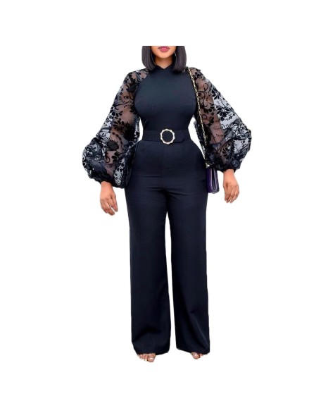 Standing collar mesh lantern sleeves slim fit women's oversized African wide leg jumpsuit