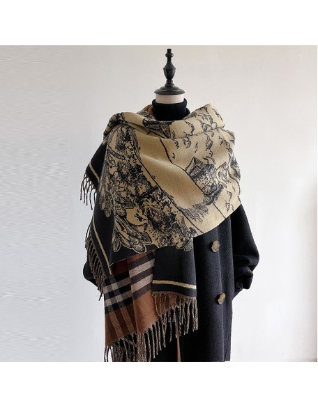 Classic plaid warhorse scarf with double-sided imitation cashmere warm women's shawl