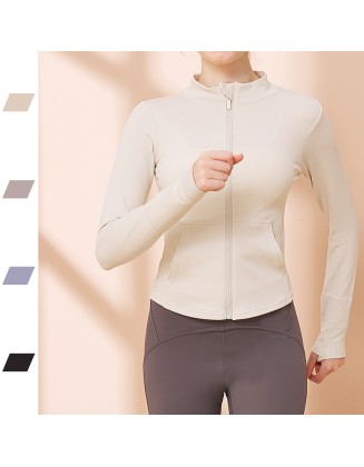 2024 Spring and Summer Seamless Yoga Wear Tops Long Sleeve Fashion Standing Collar Solid Color Slim Outdoor Sports Zipper Jacket Women