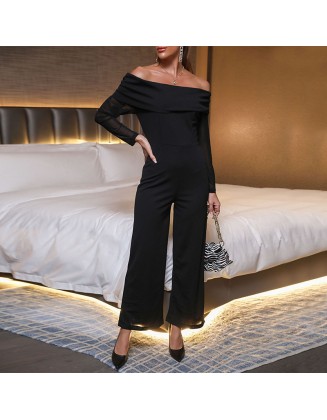 Women's solid color black strapless long-sleeved wide-leg jumpsuit women's trousers