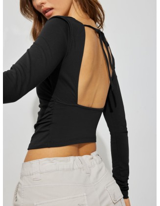 Sexy backless inner women's knitwear long-sleeved t-shirt spicy girl blouse square neck bottoming shirt