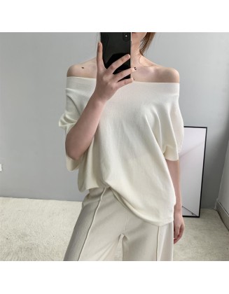 One shoulder knitted short sleeved temperament women's fashion commuting ladies wear women's T-shirts