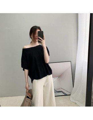 One shoulder knitted short sleeved temperament women's fashion commuting ladies wear women's T-shirts