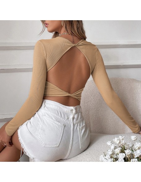 2024 Women's Sexy Backless Casual Short Slim Knit Long Sleeve T-shirt Top Bottom Outer Wear