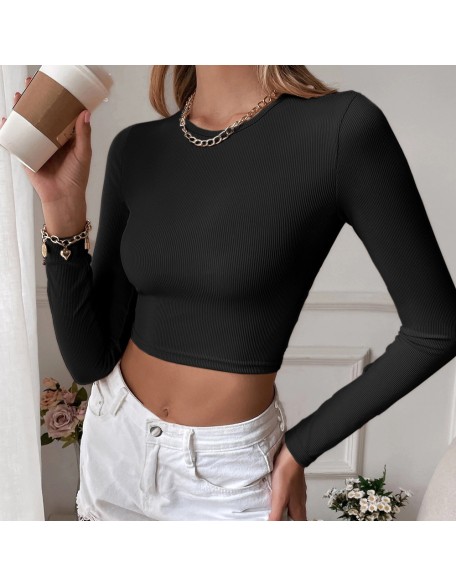 2024 Women's Sexy Backless Casual Short Slim Knit Long Sleeve T-shirt Top Bottom Outer Wear