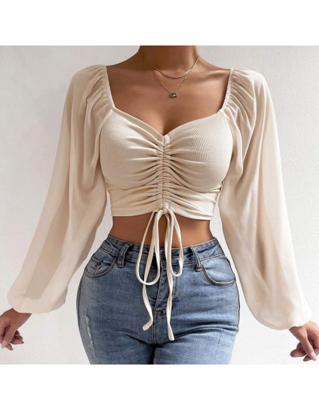 2024 Spring and Autumn Splicing Chiffon Drawstring Lantern Sleeve Tight Fashion Women's Tops T-Shirt 