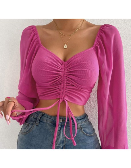 2024 Spring and Autumn Splicing Chiffon Drawstring Lantern Sleeve Tight Fashion Women's Tops T-Shirt 