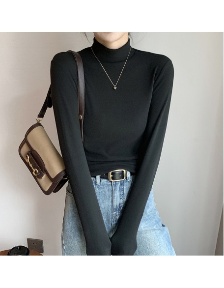 New round neck, fall and winter half-high neck German fleece bottoming shirt female internal padded thickened black and white in the collar warm clothes