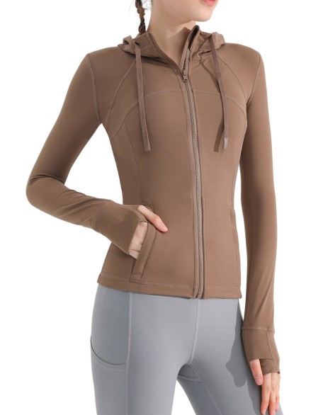 Nude feeling matte yoga suit jacket for women's running, quick drying, breathable, slimming and tight fitting hooded fitness suit top