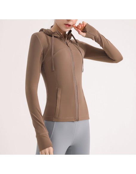 Nude feeling matte yoga suit jacket for women's running, quick drying, breathable, slimming and tight fitting hooded fitness suit top