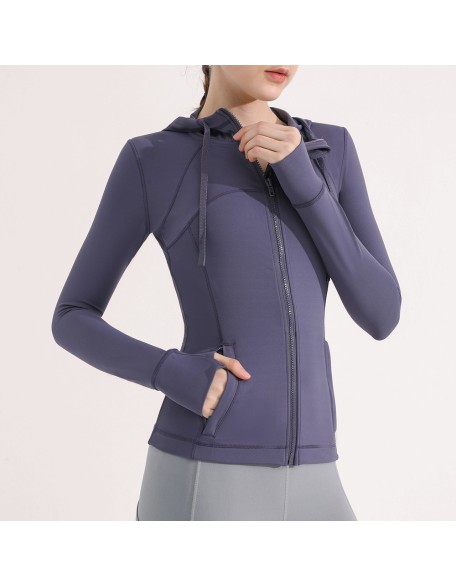 Nude feeling matte yoga suit jacket for women's running, quick drying, breathable, slimming and tight fitting hooded fitness suit top