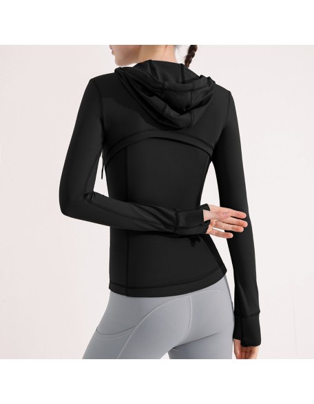 Nude feeling matte yoga suit jacket for women's running, quick drying, breathable, slimming and tight fitting hooded fitness suit top