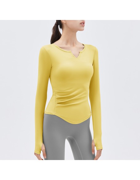 2024 Spring New Yoga Dress Long sleeved T-shirt Running Sports Top V-neck Nude Fitness Top Women's Chest Cushion