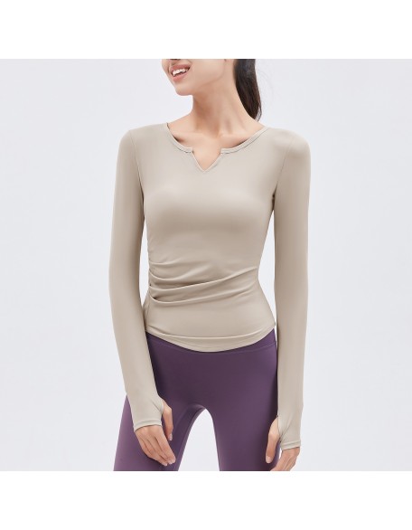 2024 Spring New Yoga Dress Long sleeved T-shirt Running Sports Top V-neck Nude Fitness Top Women's Chest Cushion