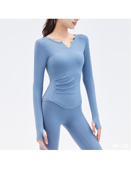 2024 Spring New Yoga Dress Long sleeved T-shirt Running Sports Top V-neck Nude Fitness Top Women's Chest Cushion