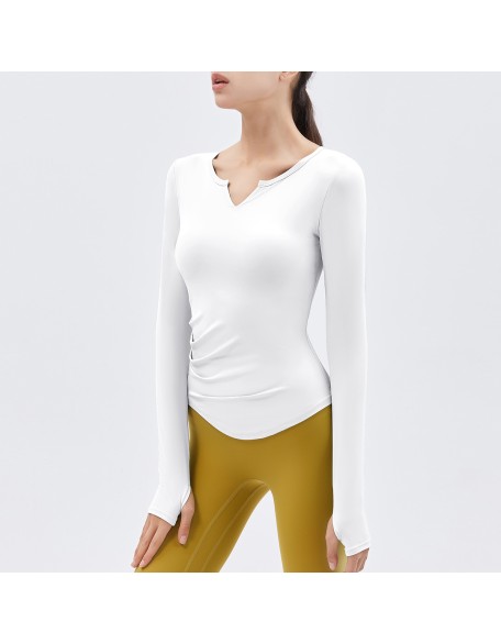 2024 Spring New Yoga Dress Long sleeved T-shirt Running Sports Top V-neck Nude Fitness Top Women's Chest Cushion