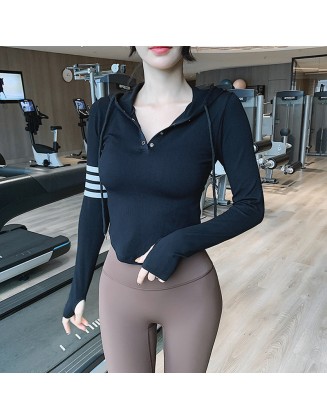 Sports top, women's hooded slimming hoodie with drawstring, autumn and winter yoga suit, curved hem jacket, fitness suit